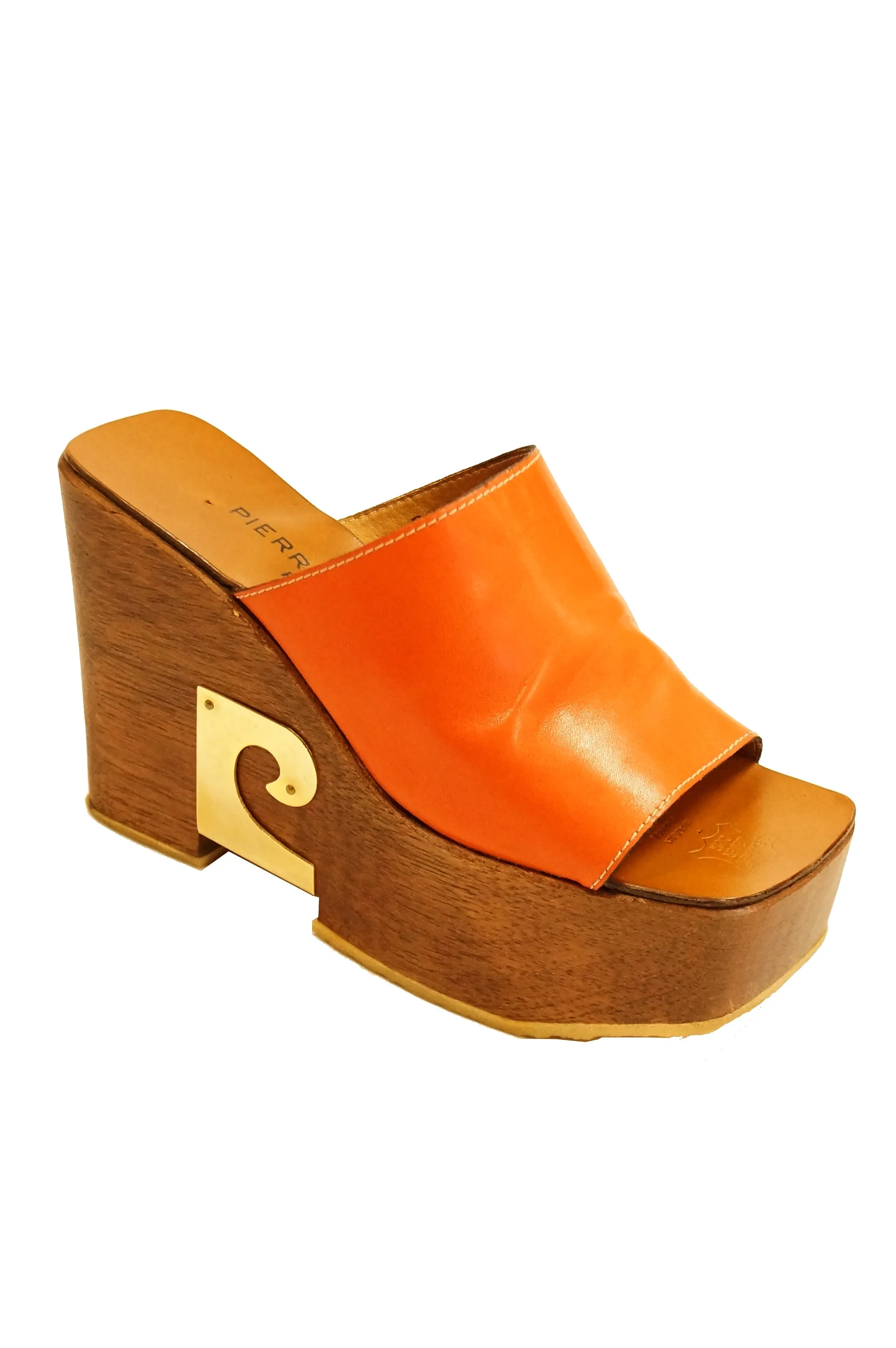 1970s Pierre Cardin Orange Leather and Wood Platform Mules, Iconic