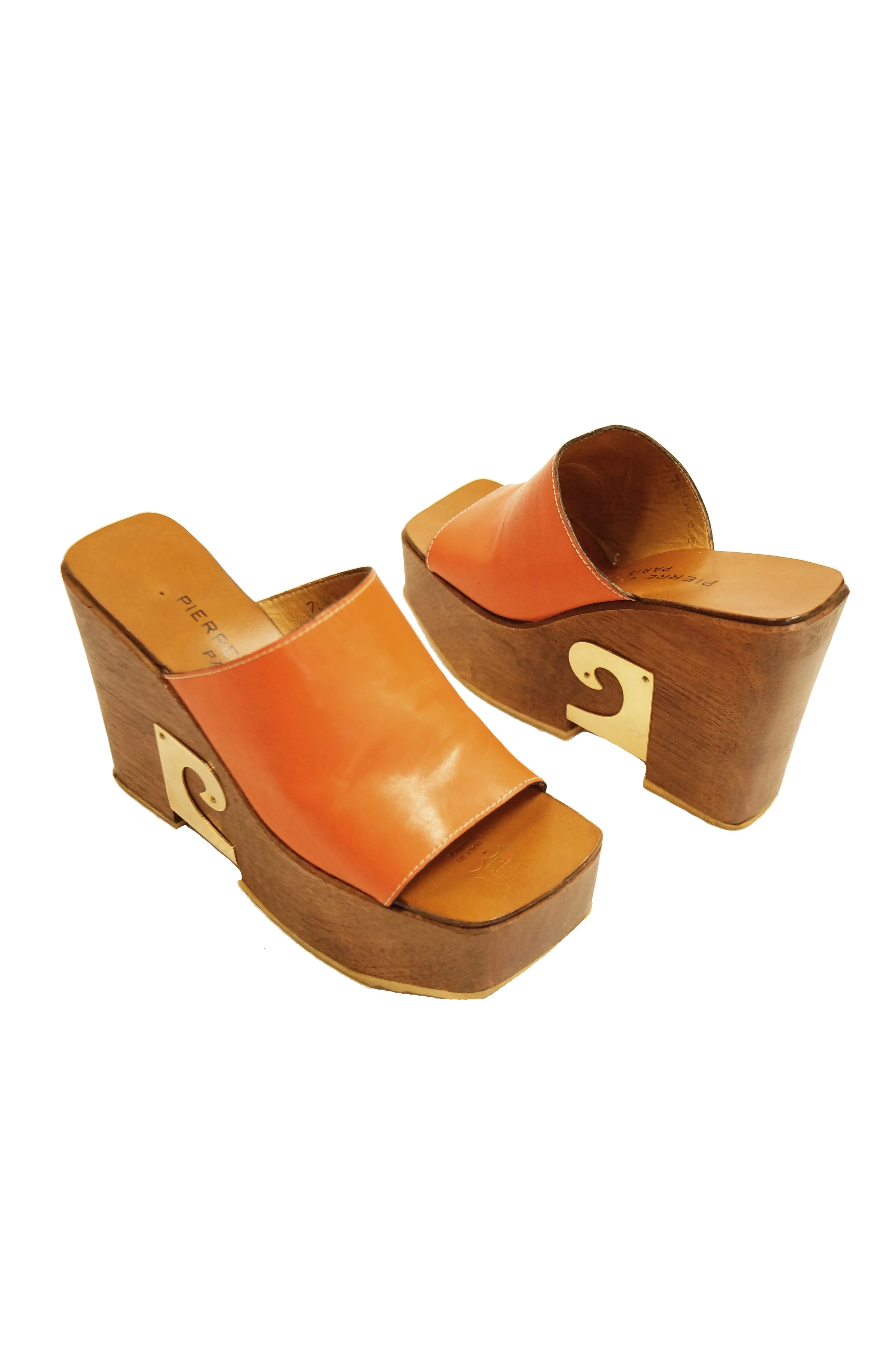 1970s Pierre Cardin Orange Leather and Wood Platform Mules, Iconic