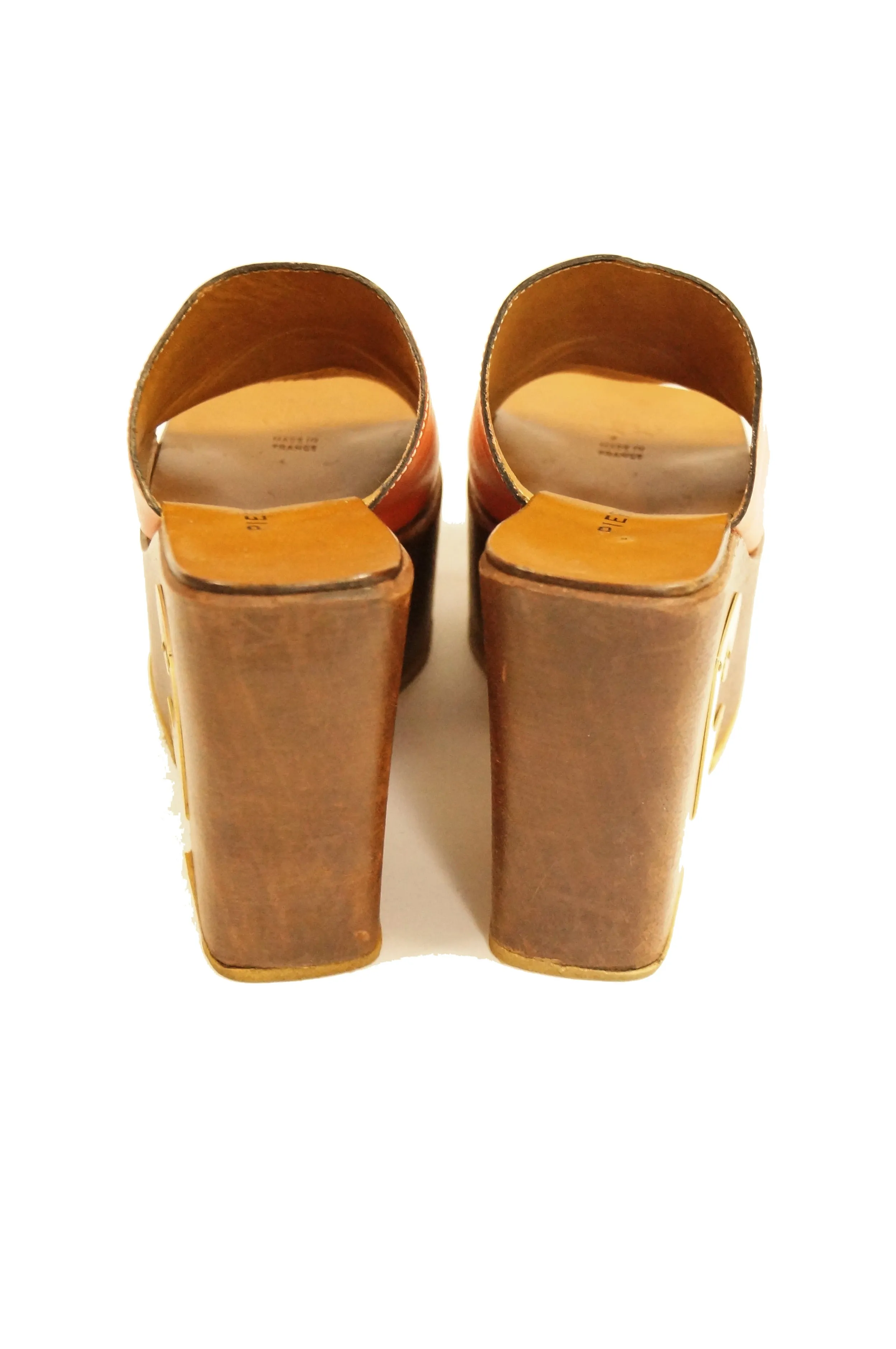 1970s Pierre Cardin Orange Leather and Wood Platform Mules, Iconic