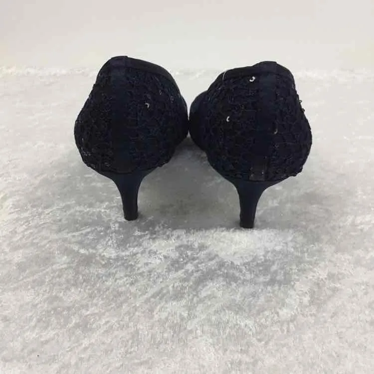 Adrianna Papell Women Size 9 Navy Lace Detail Kitten Heel Heels