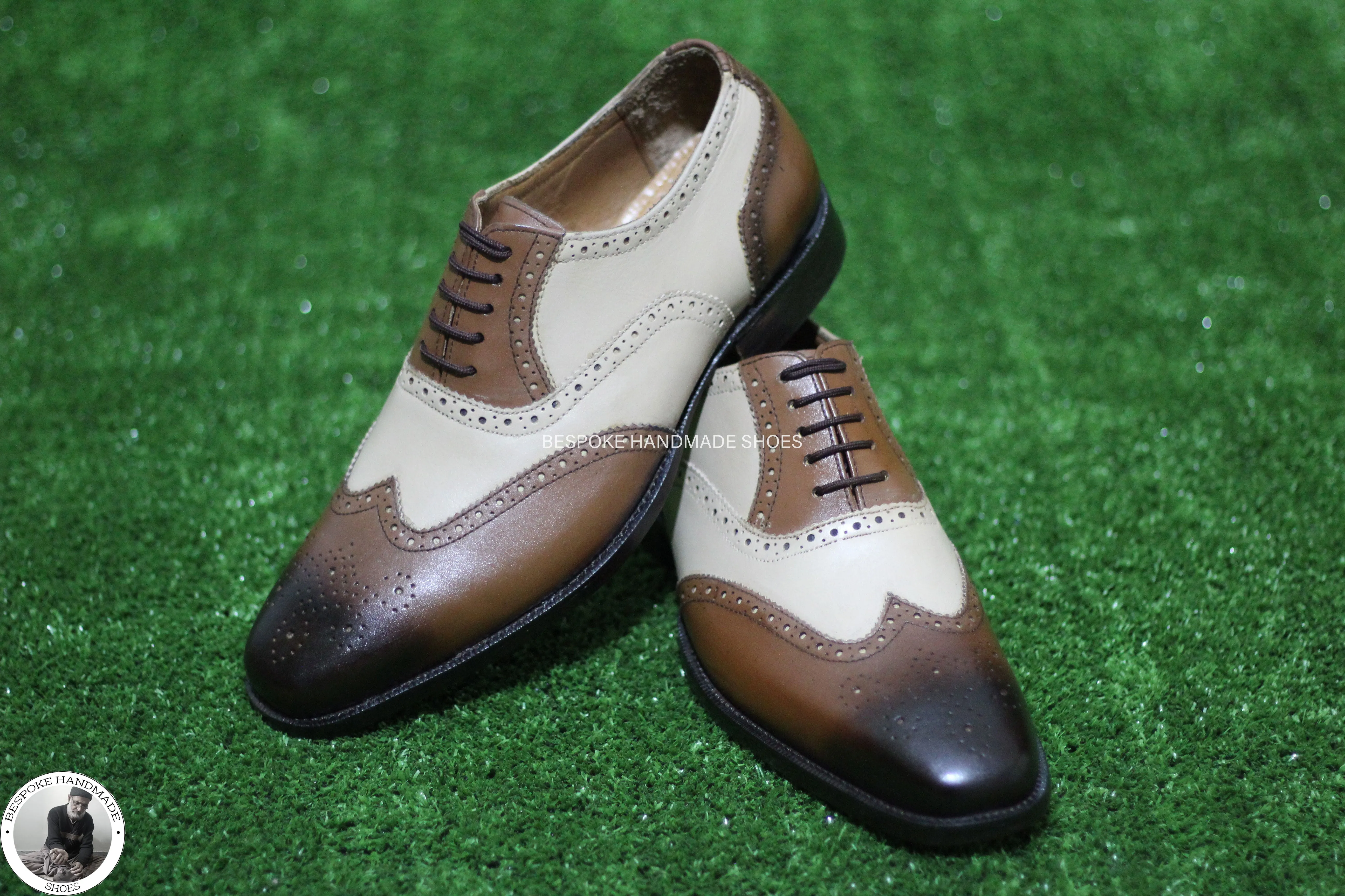 Bespoke Handmade GoodyearCream And Brown Leather Oxford Wingtip Brogue Dress / Formal Shoes