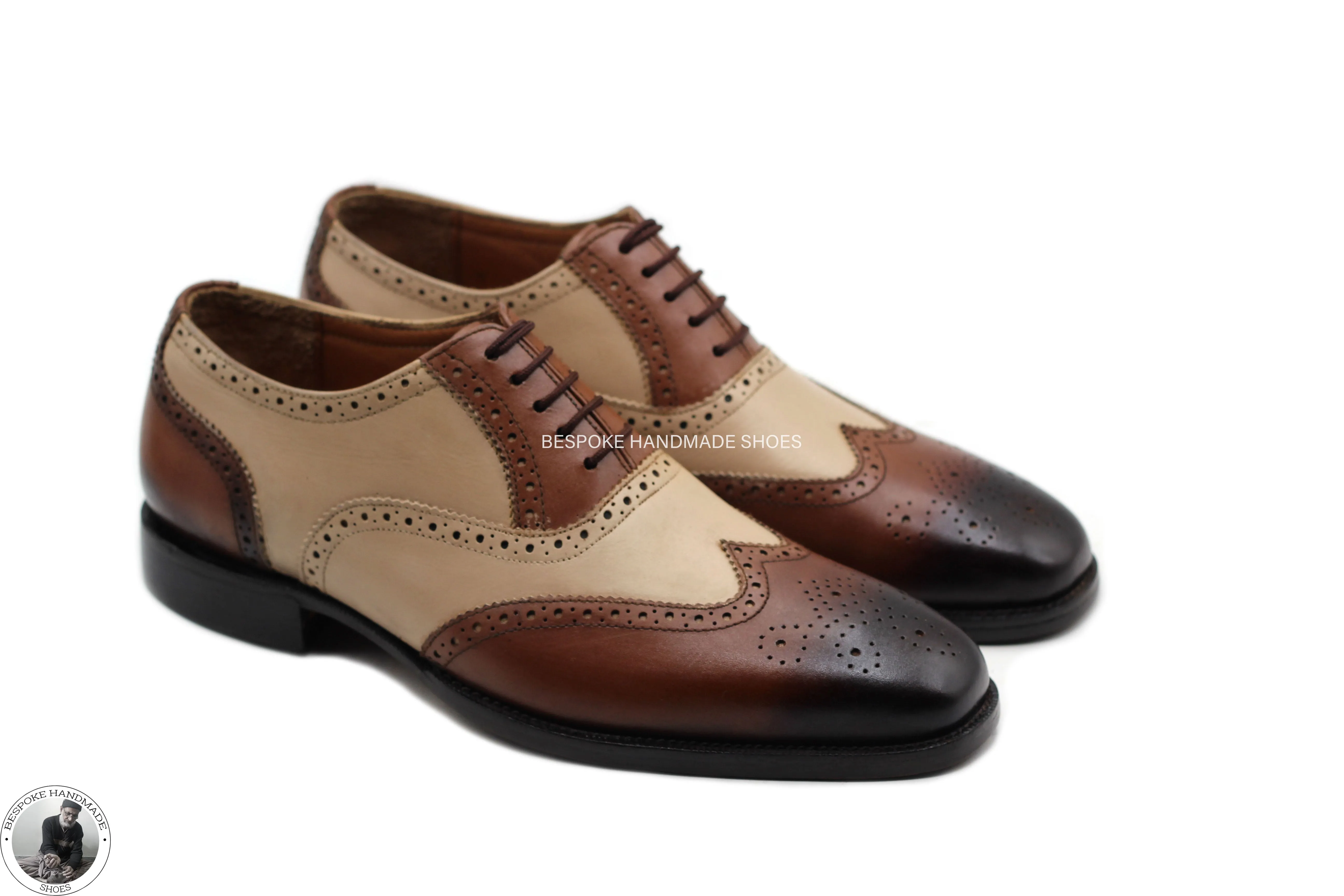 Bespoke Handmade GoodyearCream And Brown Leather Oxford Wingtip Brogue Dress / Formal Shoes