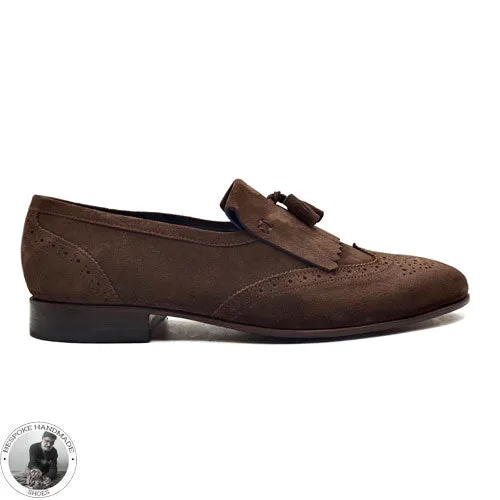 Bespoke Men's, Real Brown Suede Wingtip Brogue Slip on Leather Tassels Unique Shoes