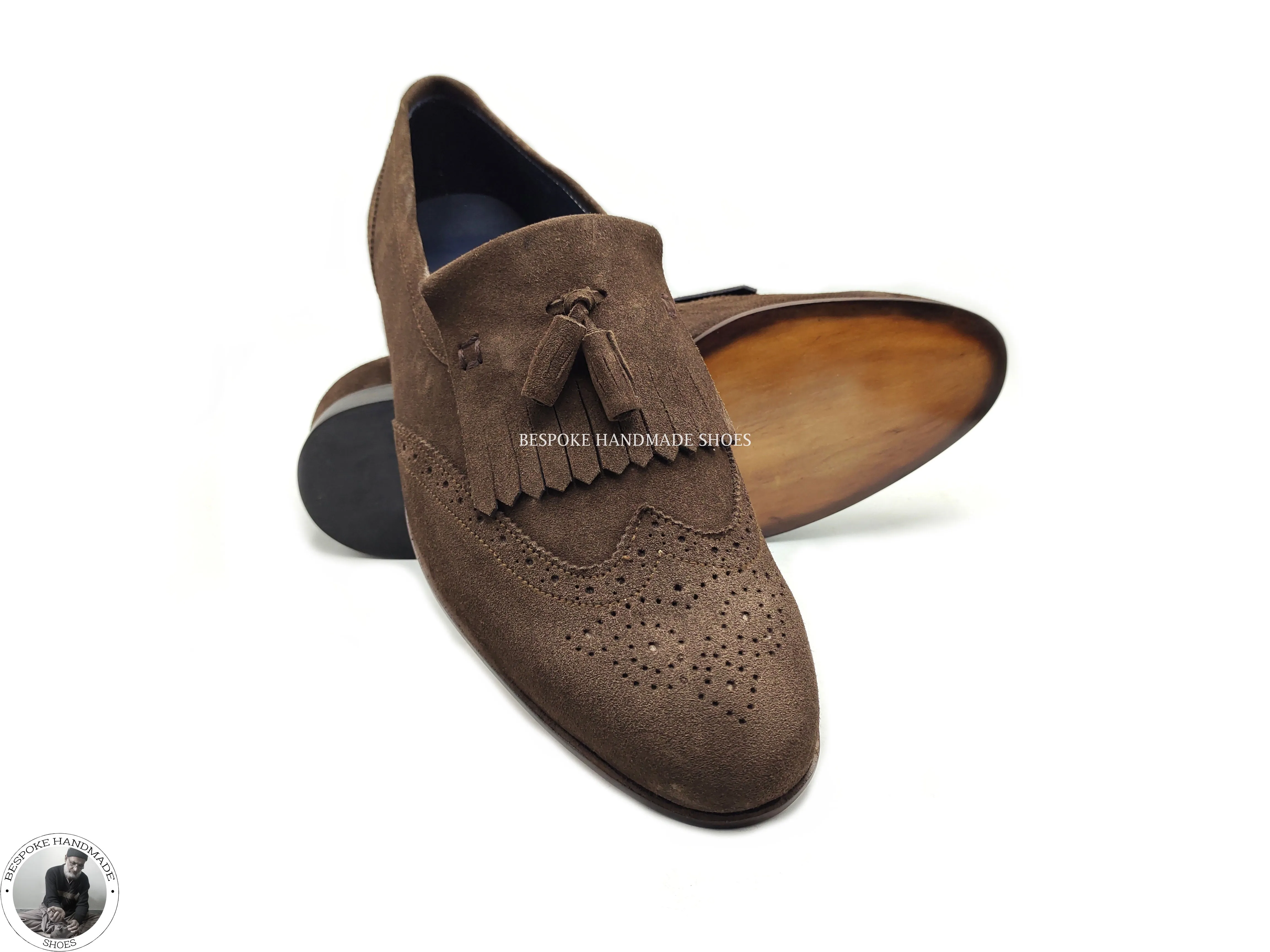 Bespoke Men's, Real Brown Suede Wingtip Brogue Slip on Leather Tassels Unique Shoes