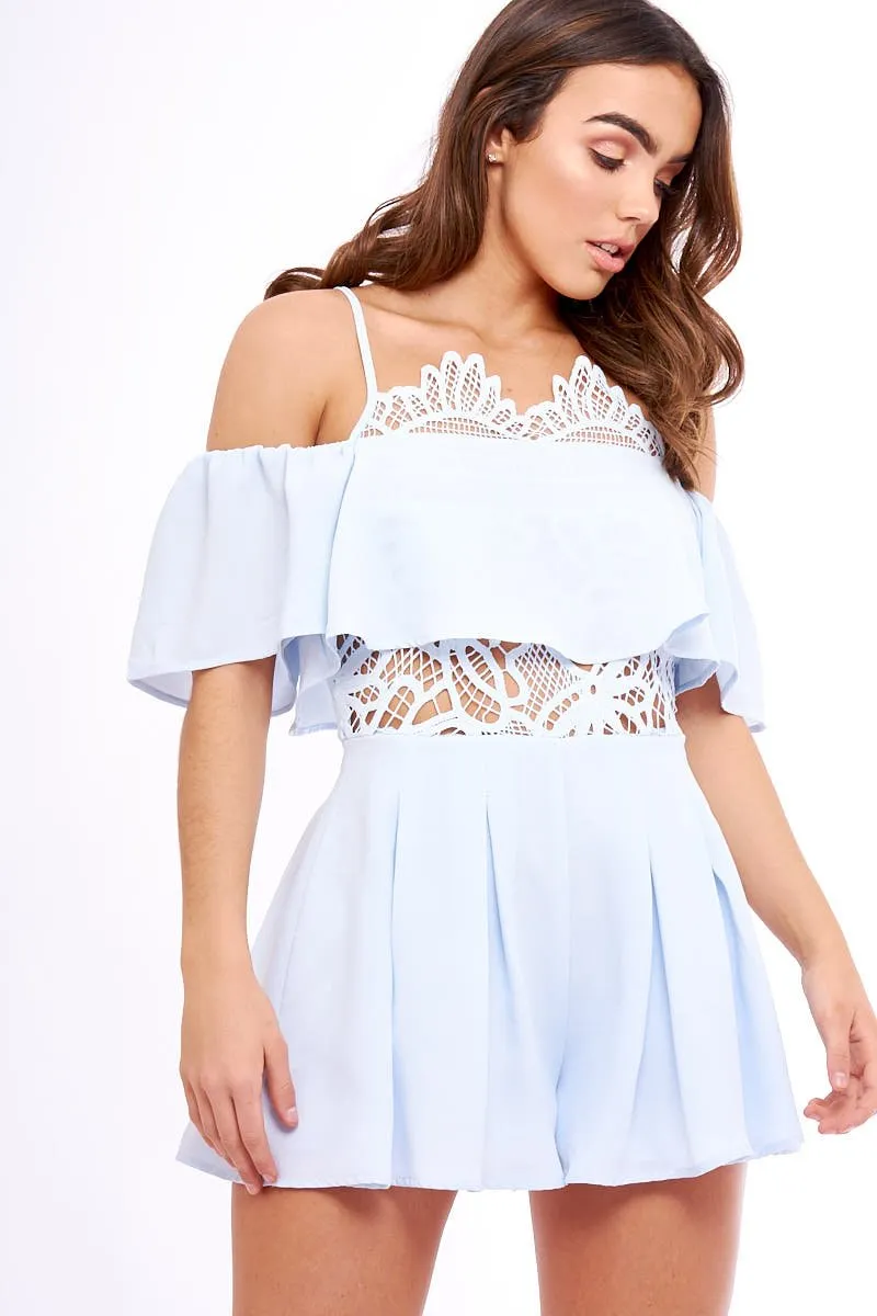 Blue Bardot Crochet Frill Playsuit - Jenner