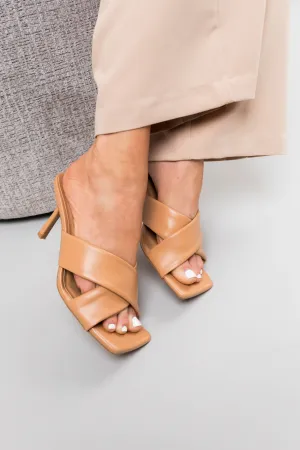 Camel Square Toe Cross Strap Heels