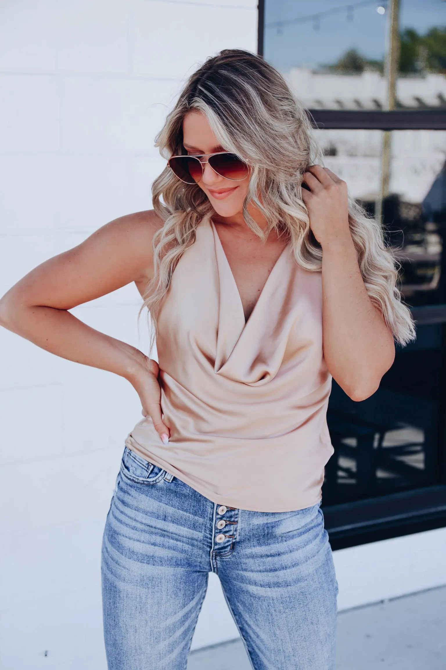 Charlise Cowl Neck Halter Top - Champagne - Final Sale