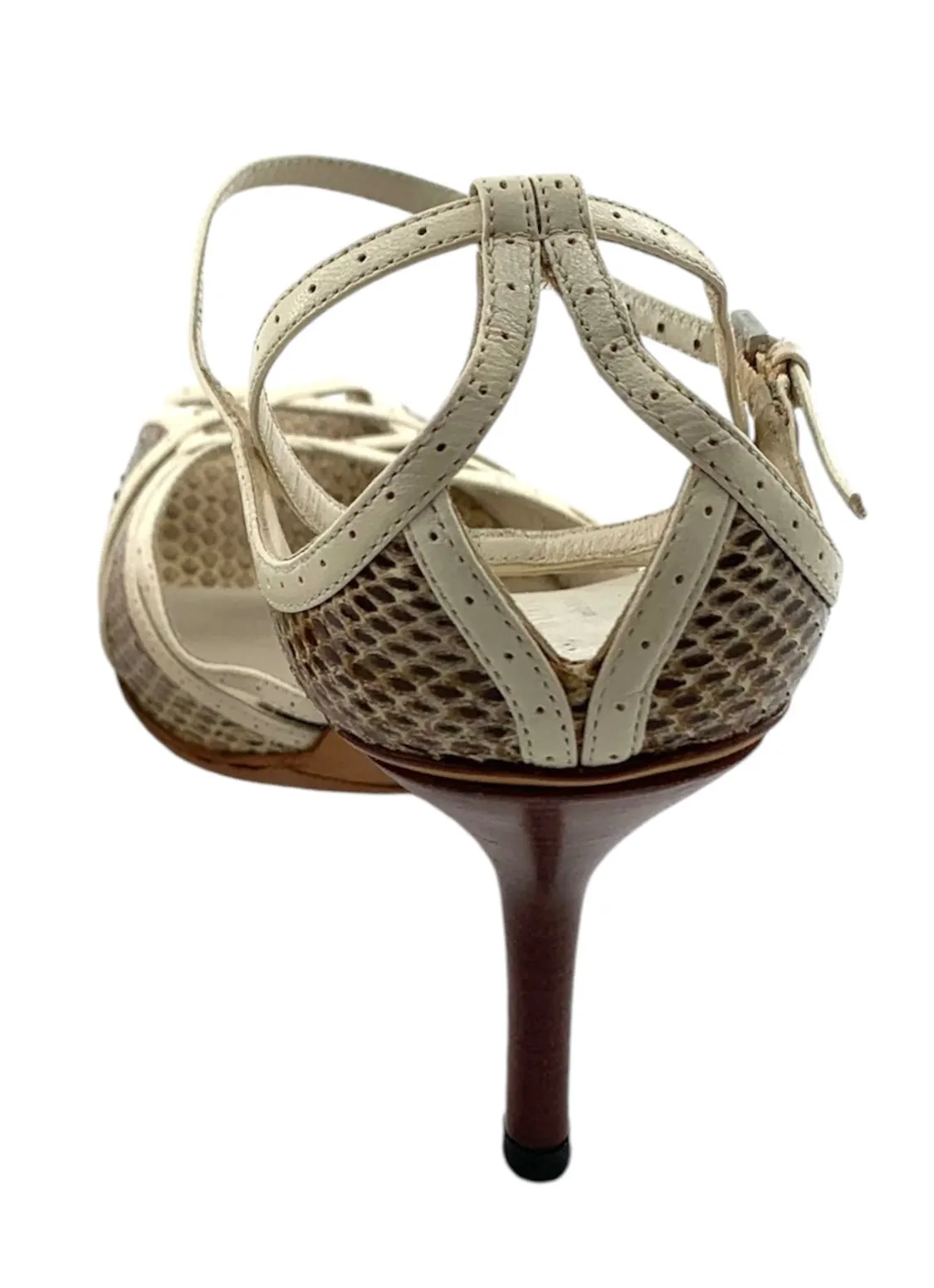 Gucci Strappy Cream Leather and Snake Skin Peep Toe Sandal Heels