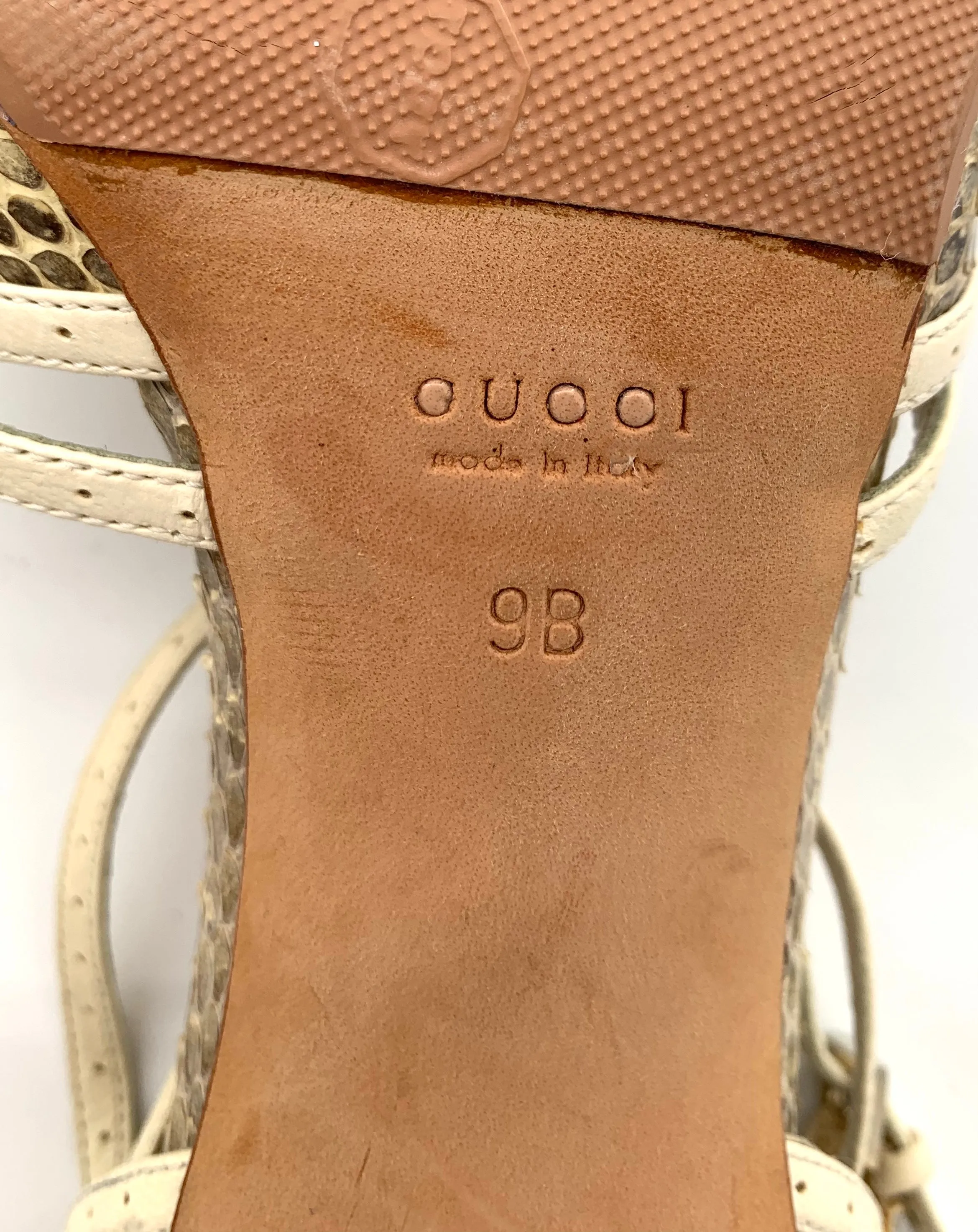 Gucci Strappy Cream Leather and Snake Skin Peep Toe Sandal Heels