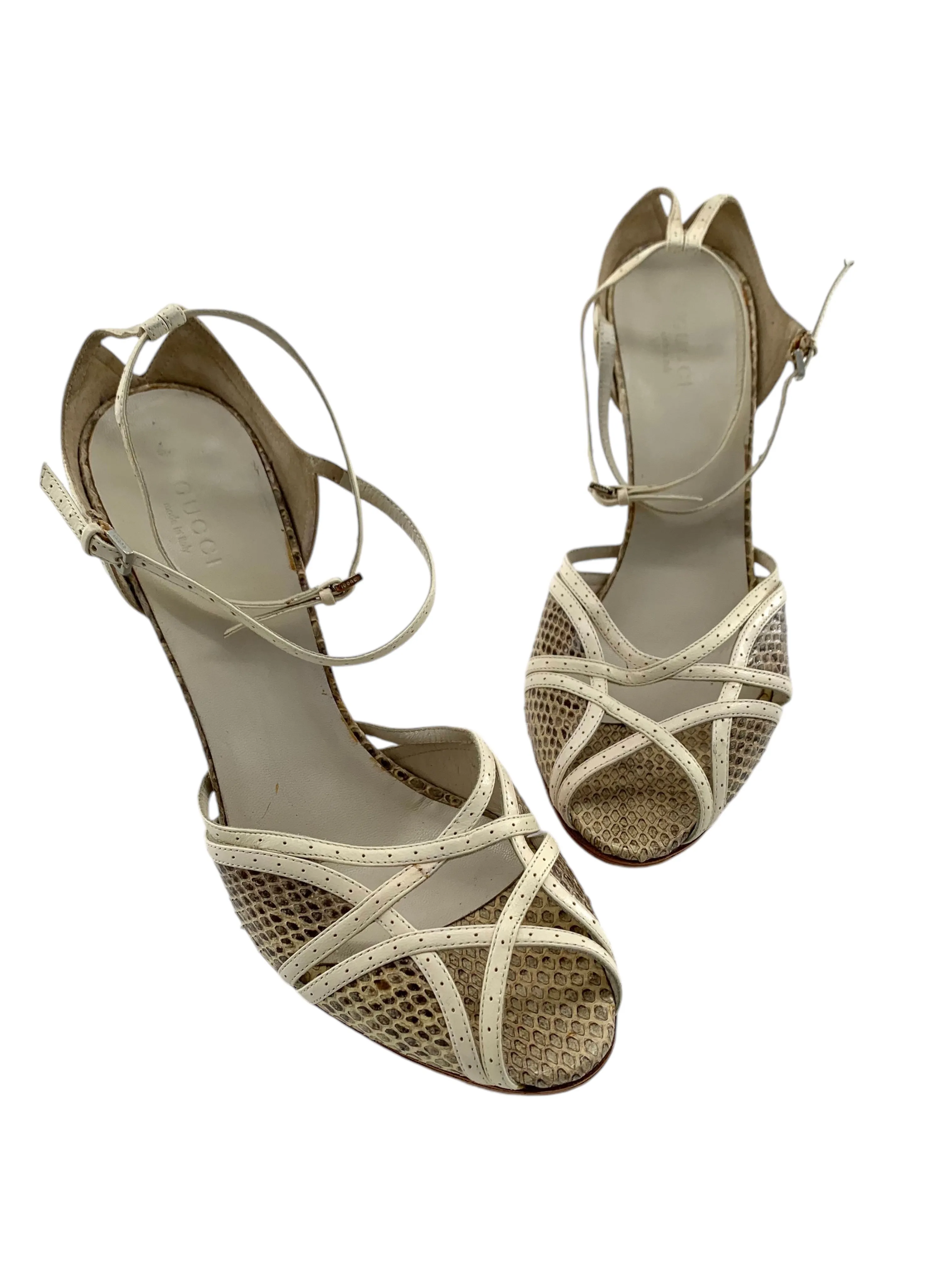 Gucci Strappy Cream Leather and Snake Skin Peep Toe Sandal Heels