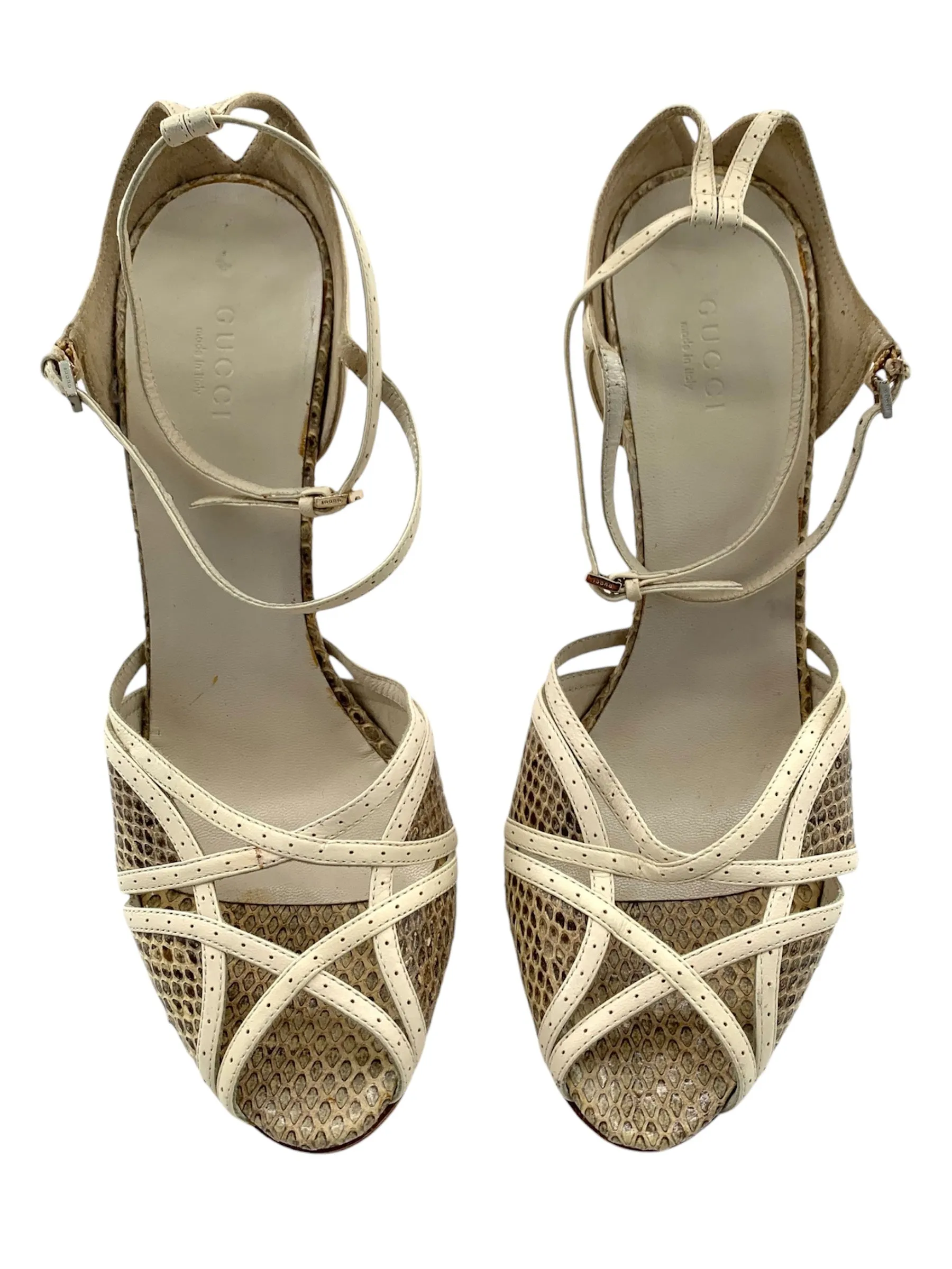 Gucci Strappy Cream Leather and Snake Skin Peep Toe Sandal Heels