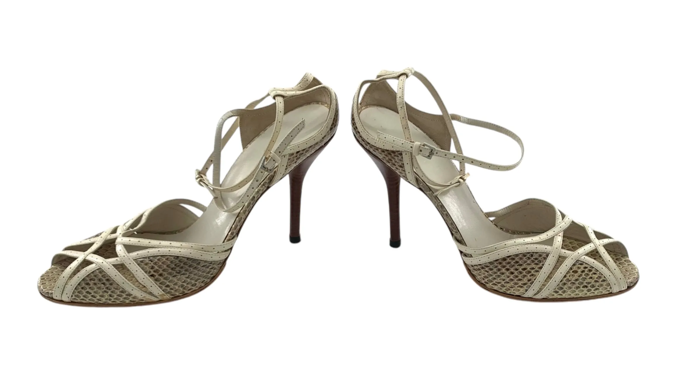 Gucci Strappy Cream Leather and Snake Skin Peep Toe Sandal Heels