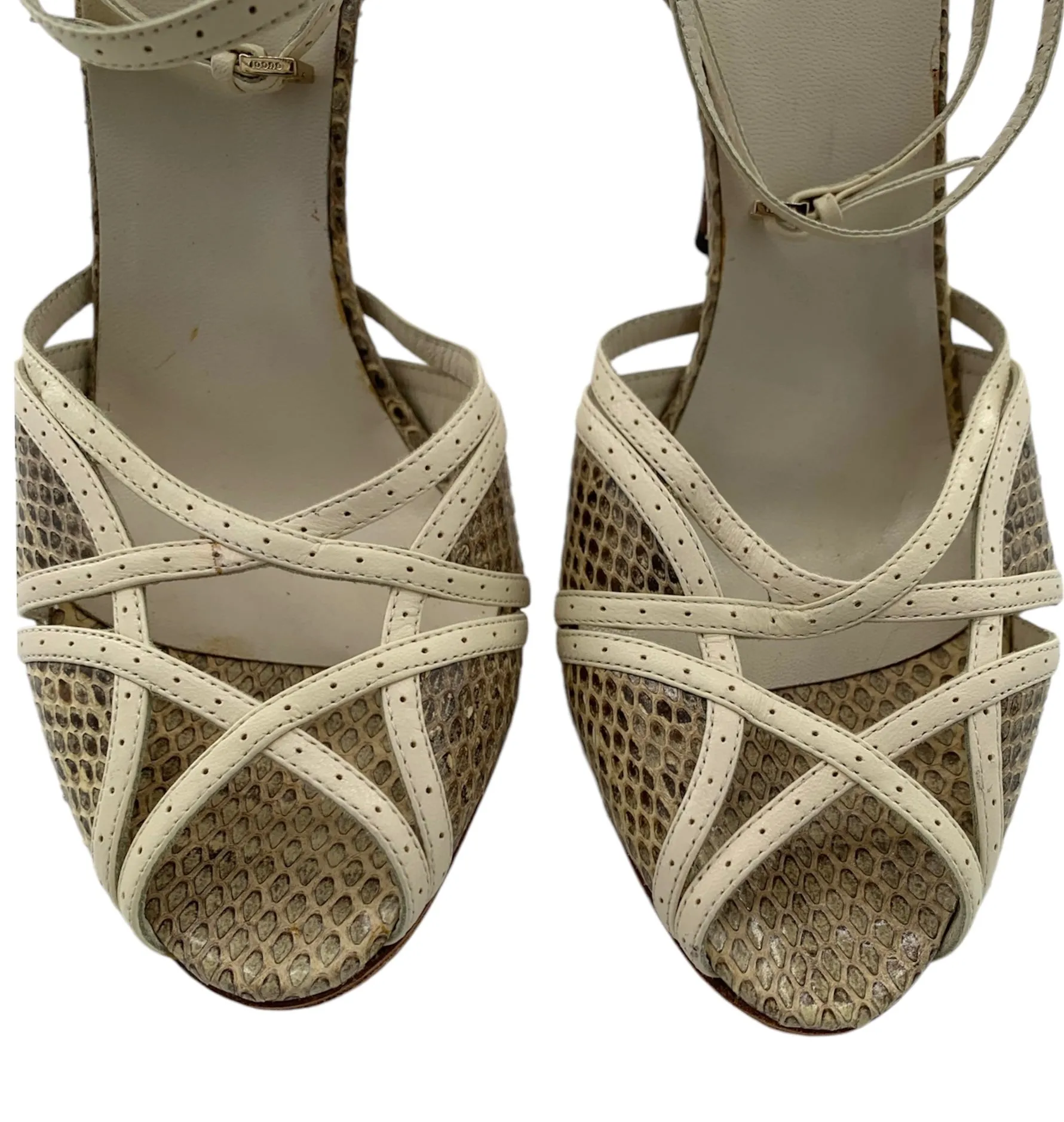 Gucci Strappy Cream Leather and Snake Skin Peep Toe Sandal Heels