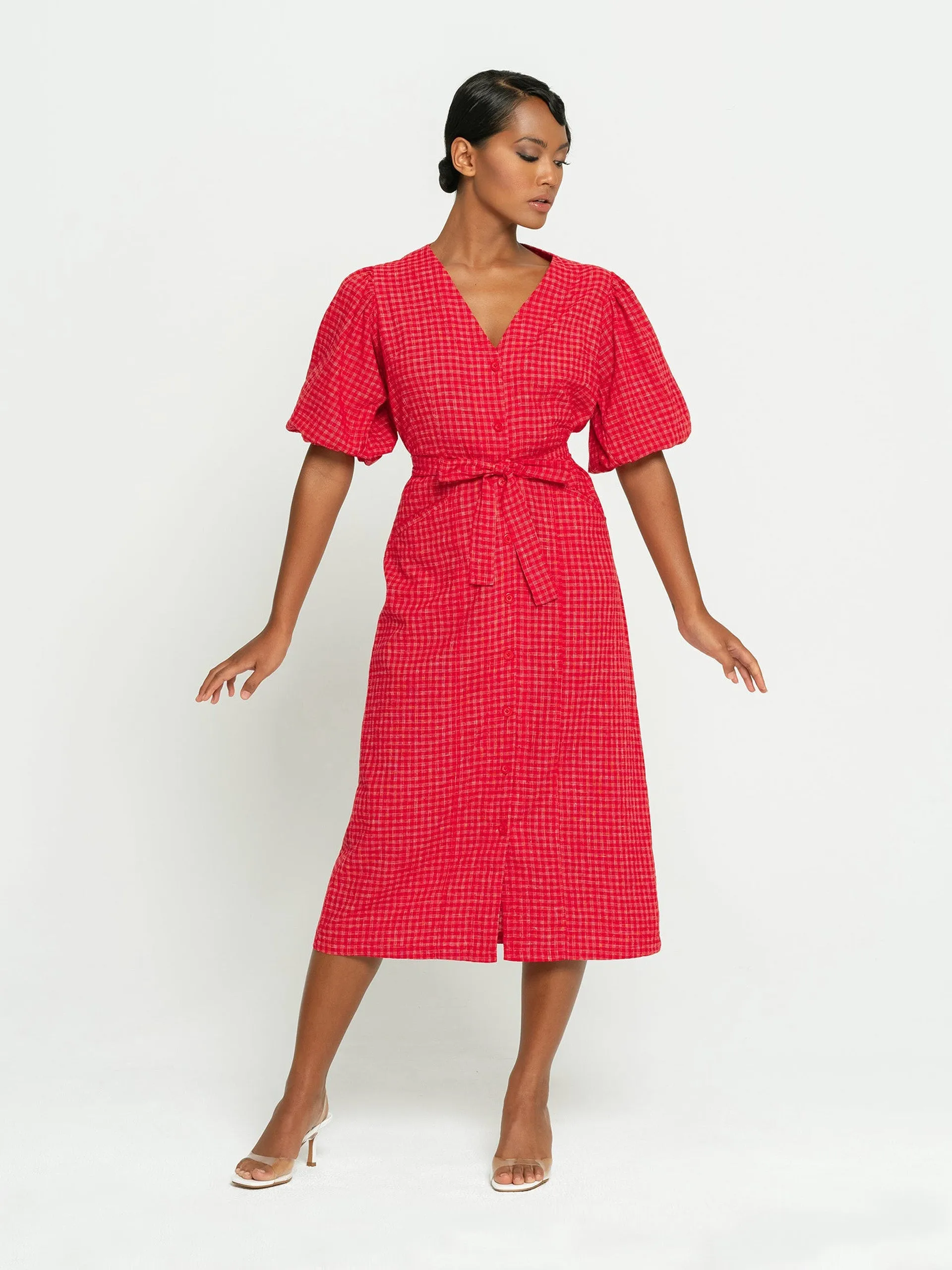 Meghan gingham hemp midi dress in scarlet red