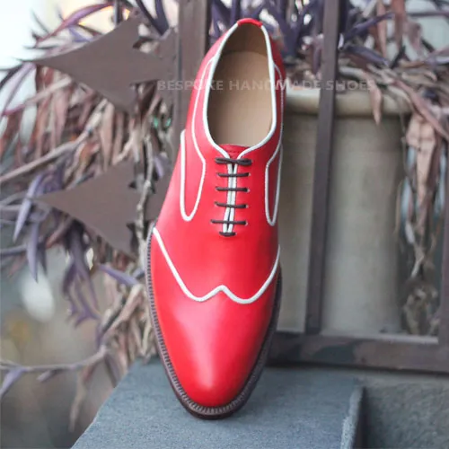 Premium Quality Red, White Leather Wingtip Oxford Shoes, Lace Up Dress Men Shoes