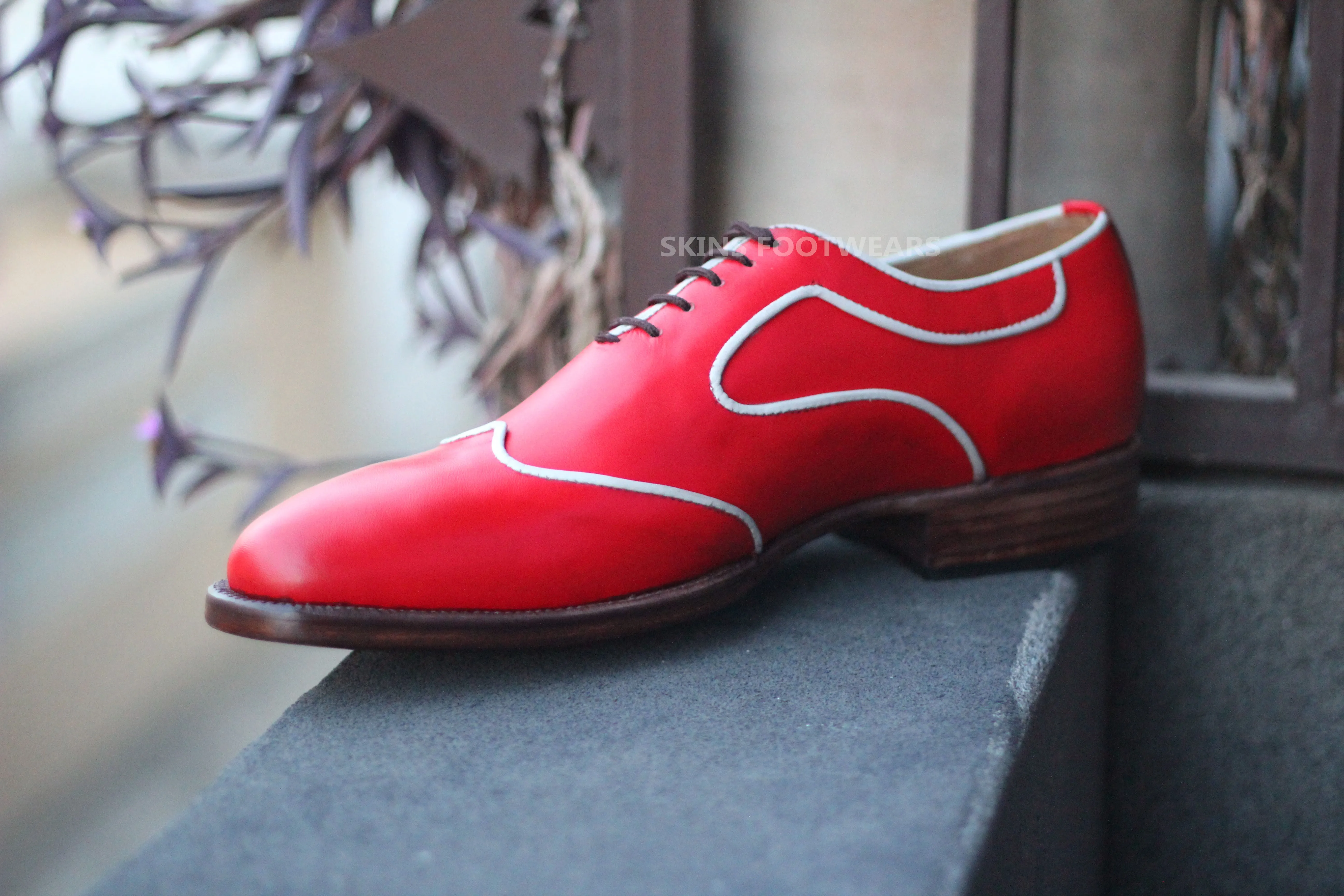 Premium Quality Red, White Leather Wingtip Oxford Shoes, Lace Up Dress Men Shoes