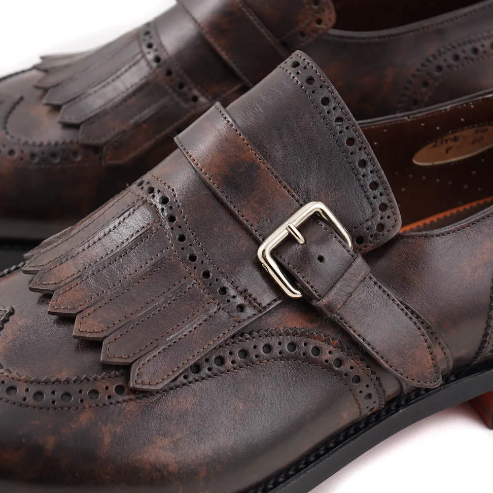 Santoni Brogued Monk Strap in Dark Brown