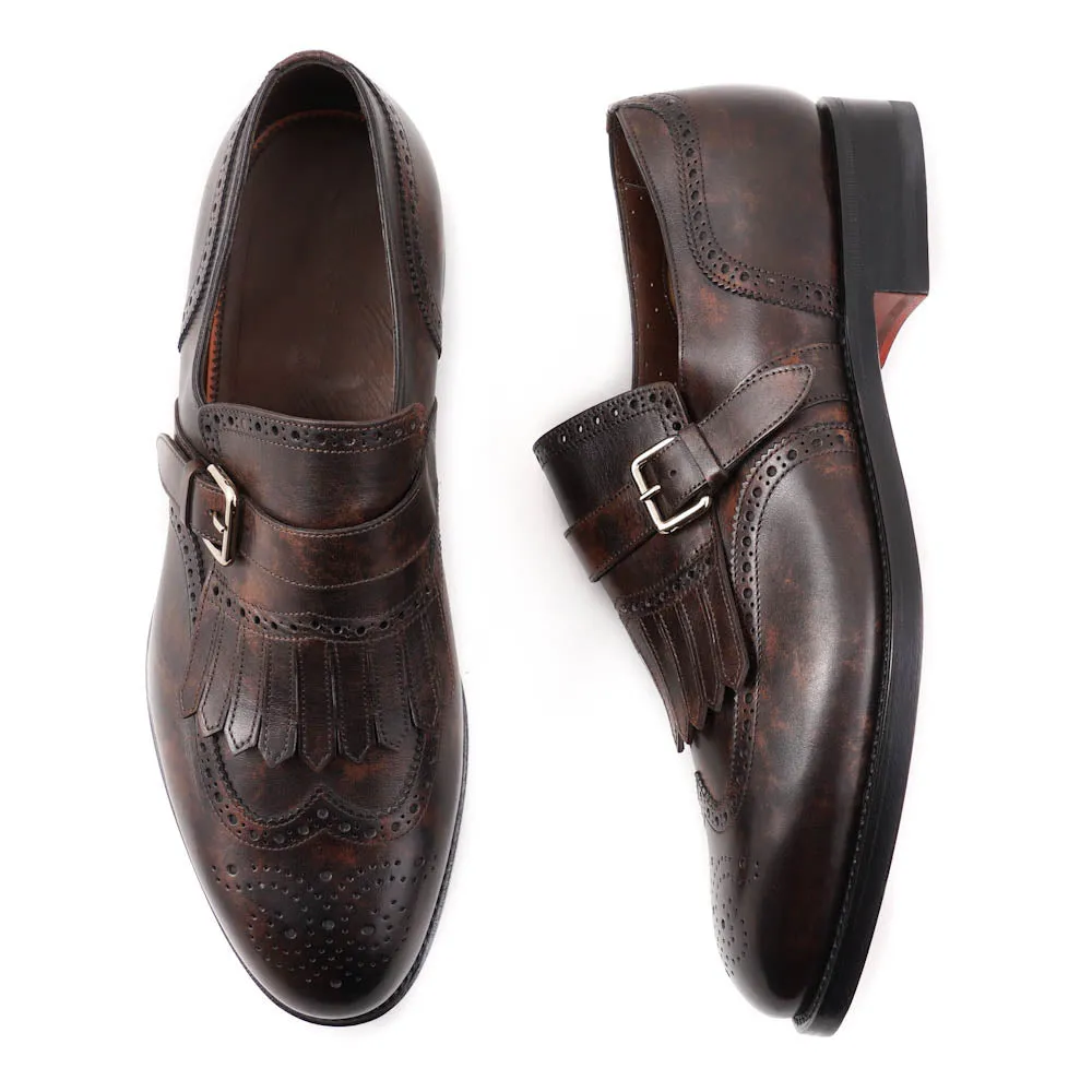 Santoni Brogued Monk Strap in Dark Brown