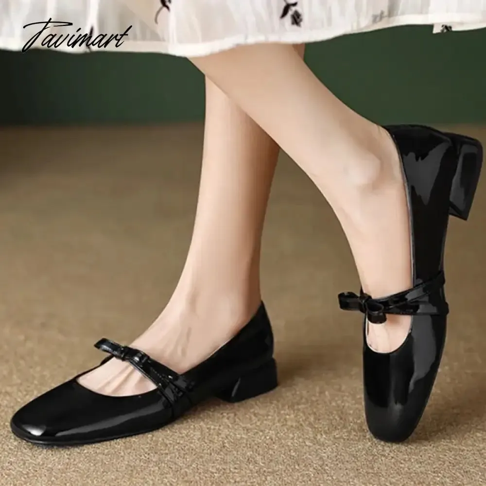 TAVIMART New Women's Flats Patent Leather Boat Shoes Bowtie Mary Jane Shoes for Girls Princess Shoes Square Toe Slip on Dress Shoes 1409N