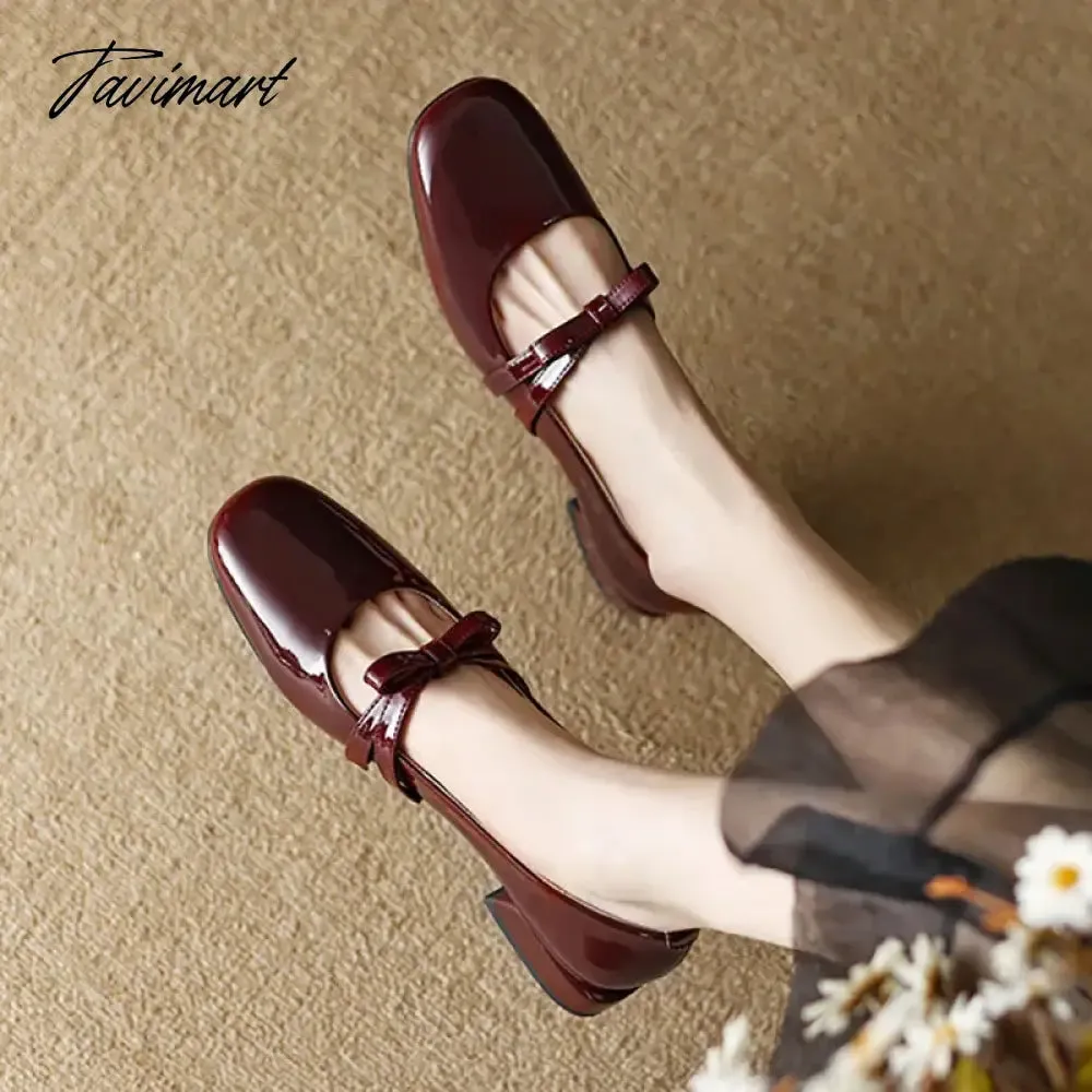 TAVIMART New Women's Flats Patent Leather Boat Shoes Bowtie Mary Jane Shoes for Girls Princess Shoes Square Toe Slip on Dress Shoes 1409N