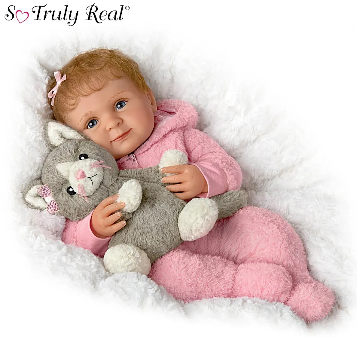 The Ashton-Drake Galleries Zoe My Snuggle Kitten Baby Doll and Plush Cat Set RealTouch® Vinyl Skin Hand-rooted Hair with Pink Sherpa Outfit 17.5-Inches