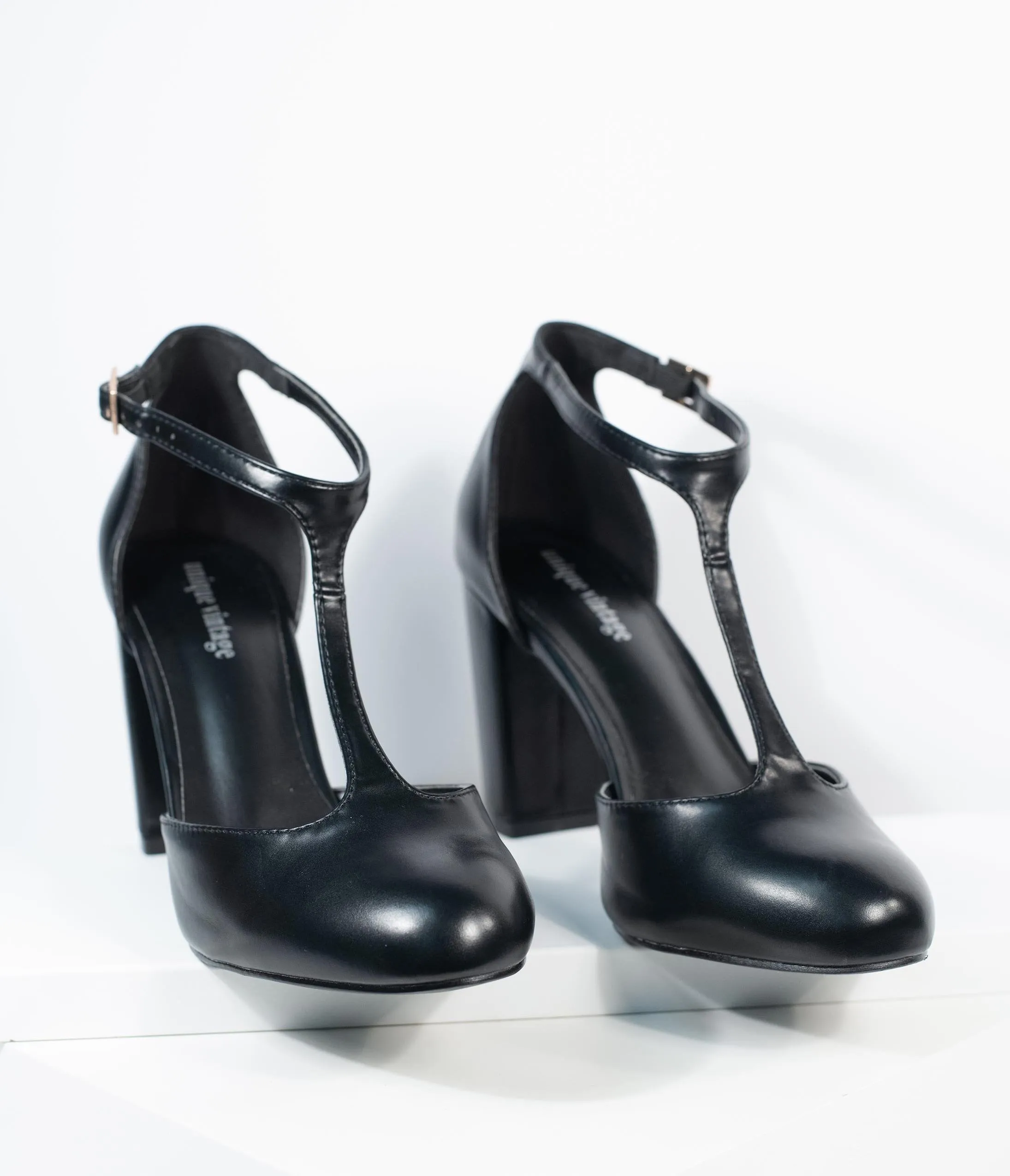 Unique Vintage Black Leatherette T-Strap Astaire Pumps