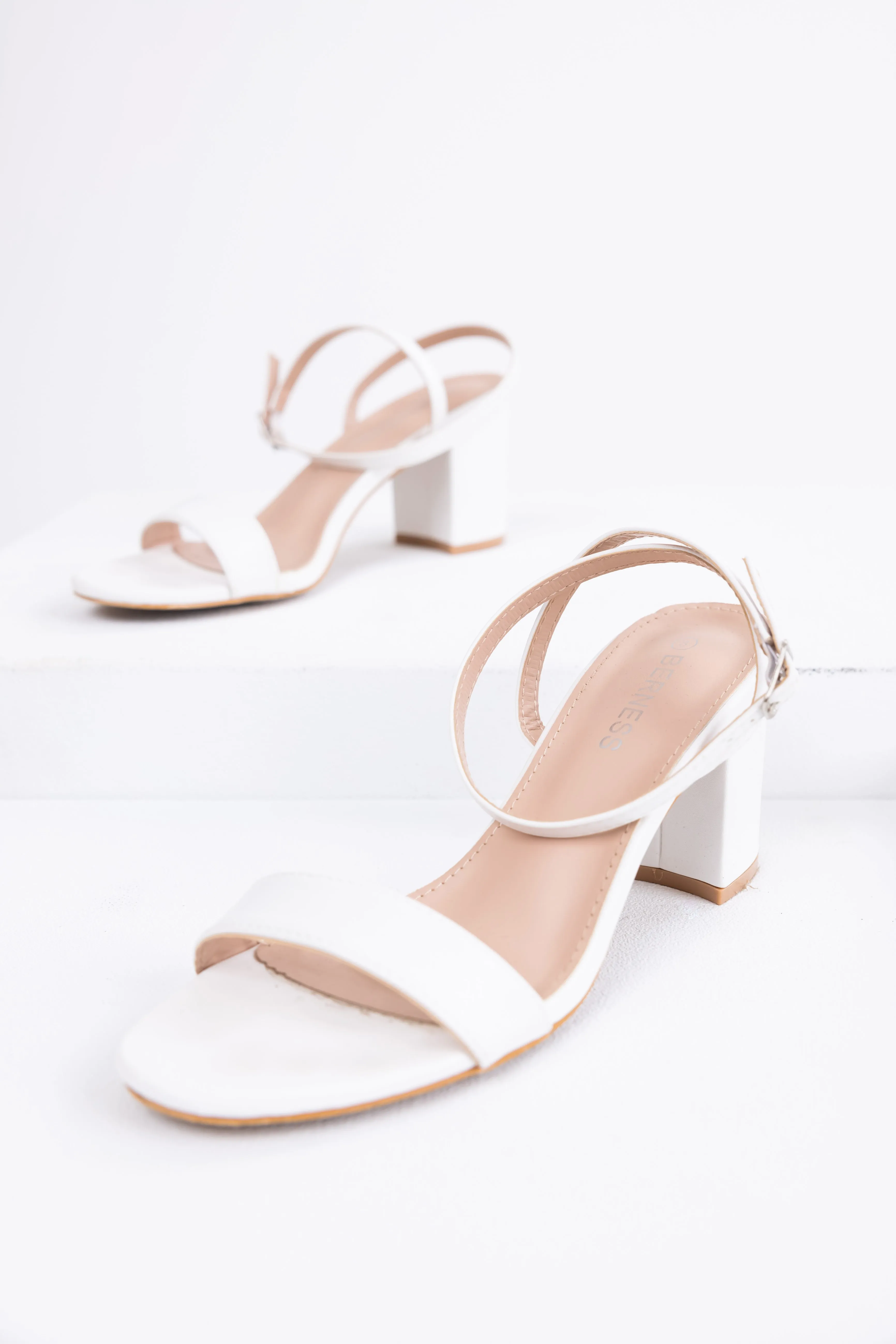 White Ankle Strap Block Heels